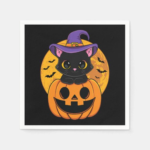Halloween Black Cat Witch Hat Pumpkin For Kids Gir Napkins