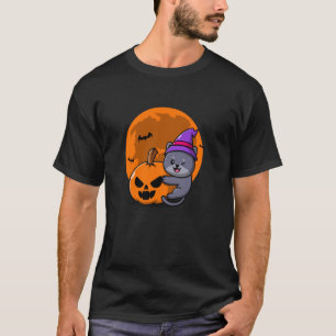 Halloween Black Cat Witch Hat Pumpkin For Kids Gir T-Shirt
