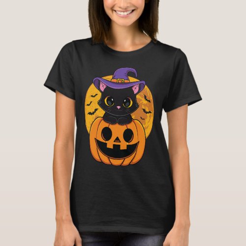 Halloween Black Cat Witch Hat Pumpkin For Kids Gir T_Shirt