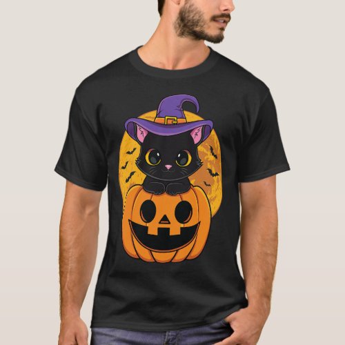 Halloween Black Cat Witch Hat Pumpkin For Kids Gir T_Shirt
