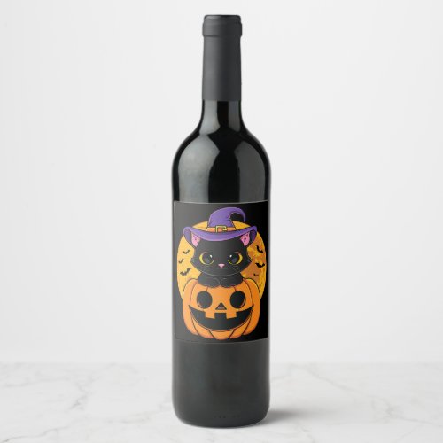 Halloween Black Cat Witch Hat Pumpkin For Kids Gir Wine Label