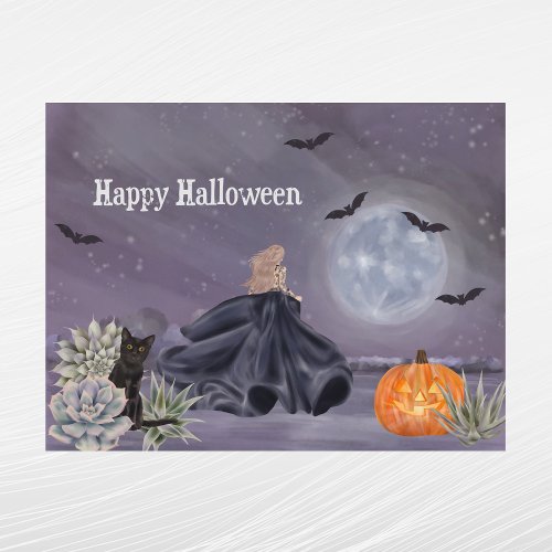 Halloween Black Cat Witch Pumpkin Succulents Bats Holiday Postcard
