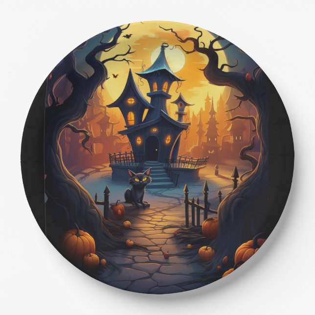 Halloween/Black Cat/Witch/Wizard Crooked House Paper Plates (Front)