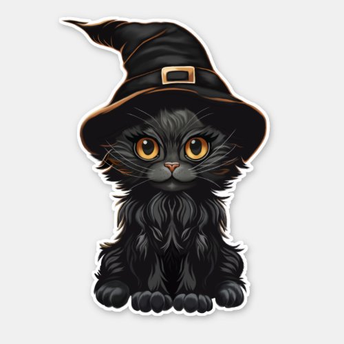 Halloween Black Cat Witches Hat Sticker