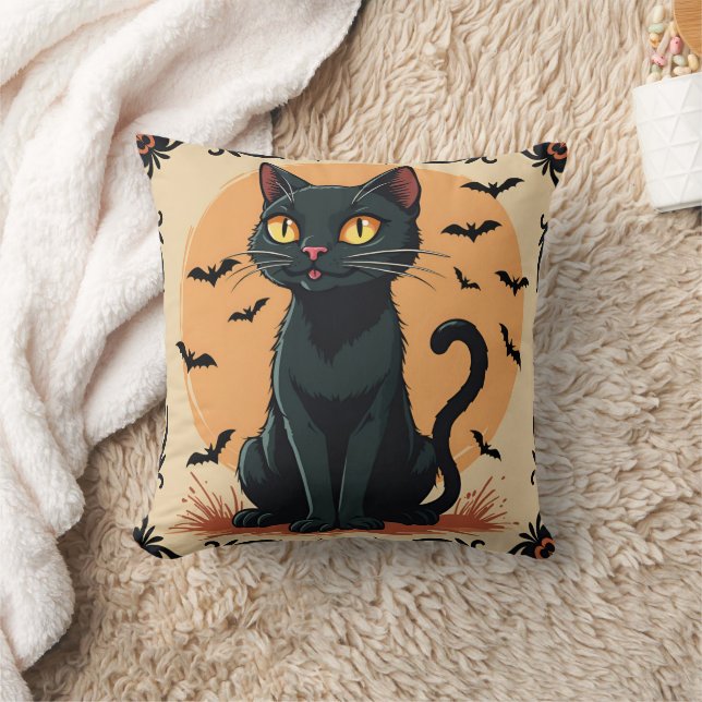 HALLOWEEN BLACK CAT WITH BATS THROW PILLOW (Blanket)