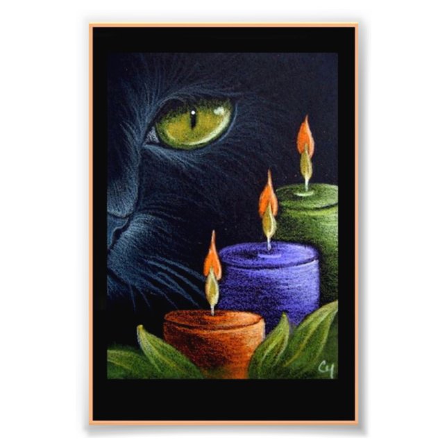 HALLOWEEN BLACK CAT with CANDLES 4" X 6" PRINT (Front)