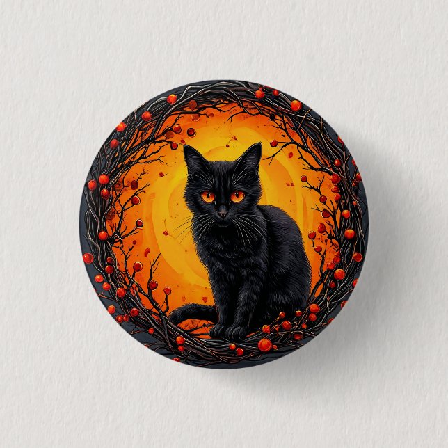 Halloween Black Cat with Glowing Eyes Button (Front)