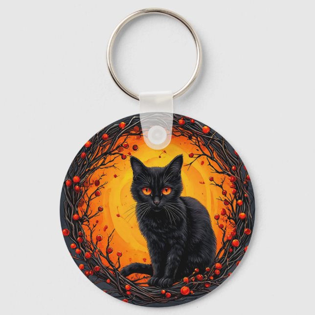 Halloween Black Cat with Glowing Eyes Keychain (Front)