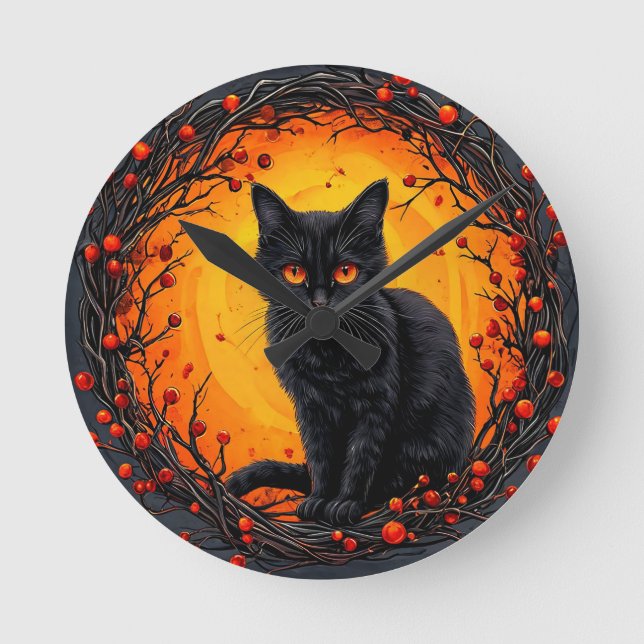 Halloween Black Cat with Glowing Eyes Round Clock (Front)