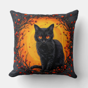 Halloween Black Cat with Glowing Eyes Throw Pillow