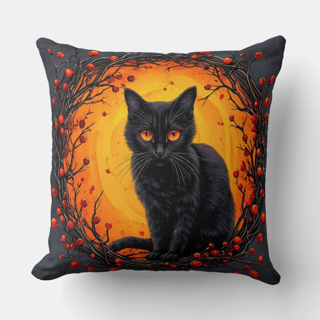 Halloween Black Cat with Glowing Eyes Throw Pillow (Front)