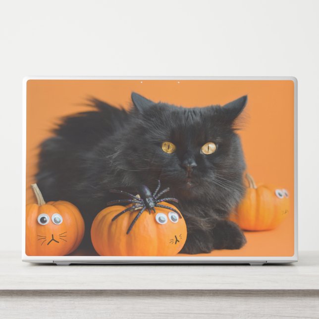 Halloween Black cat with mini orange pumpkins HP Laptop Skin (Front)