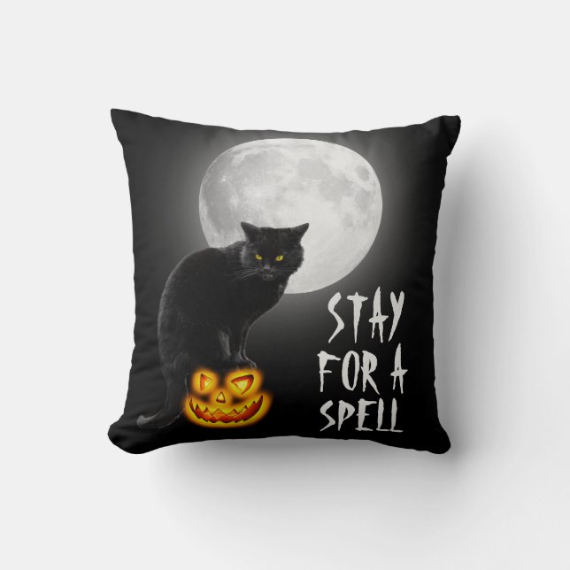 Halloween Black Cat with Moon Throw Pillow (Front)