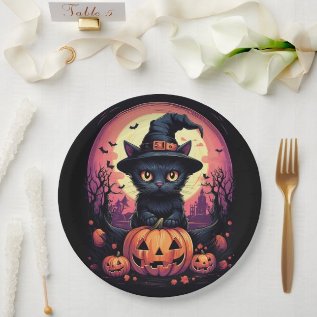 Halloween Black CAT with Pumpkin and Witch HAT Paper Plates (Wedding)