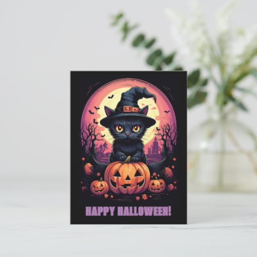 Halloween Black CAT with Pumpkin and Witch HAT Postcard