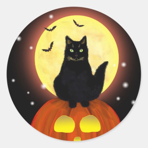 Halloween Black Cat with Pumpkin Classic Round Sticker