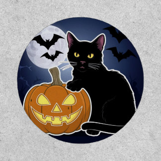 halloween black cat with pumpkin patch