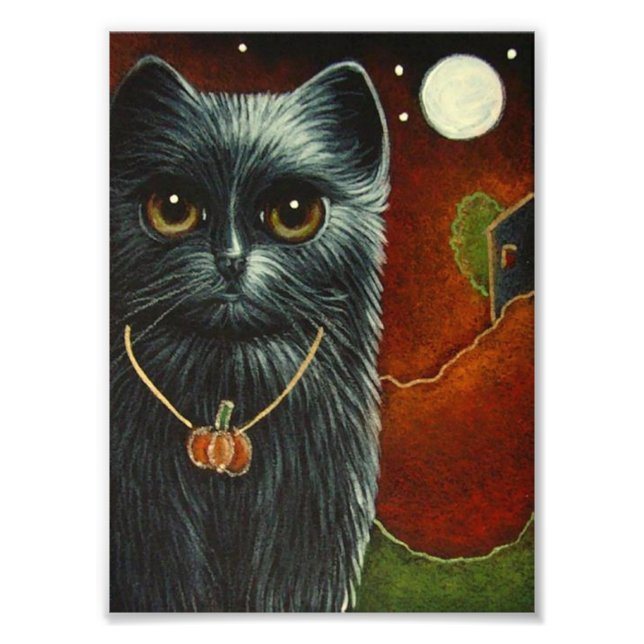 HALLOWEEN BLACK CAT with PUMPKIN PENDANT PRINT (Front)