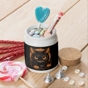 Halloween Black Cat with Pumpkins and Moon Candy Jar