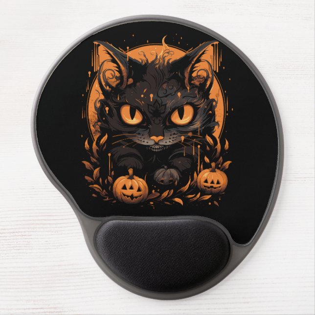 Halloween Black Cat with Pumpkins and Moon Gel Mouse Pad (Front)