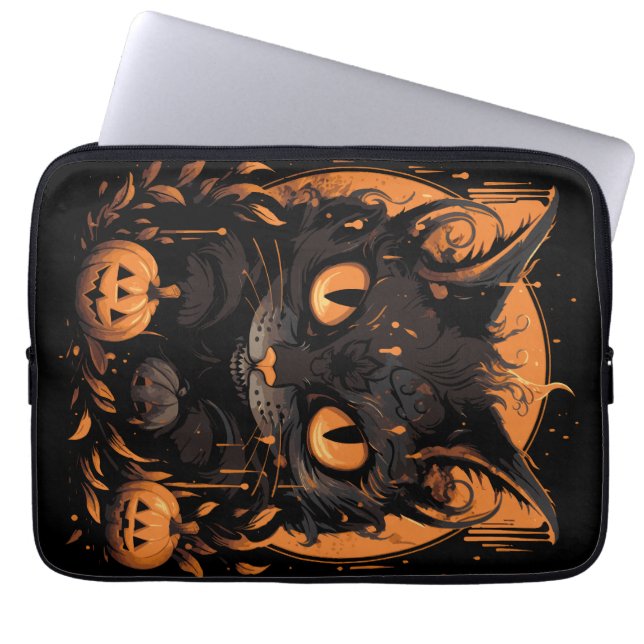 Halloween Black Cat with Pumpkins and Moon Laptop Sleeve (Front)