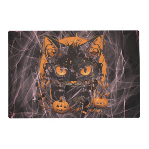 Halloween Black Cat with Pumpkins and Moon Placemat