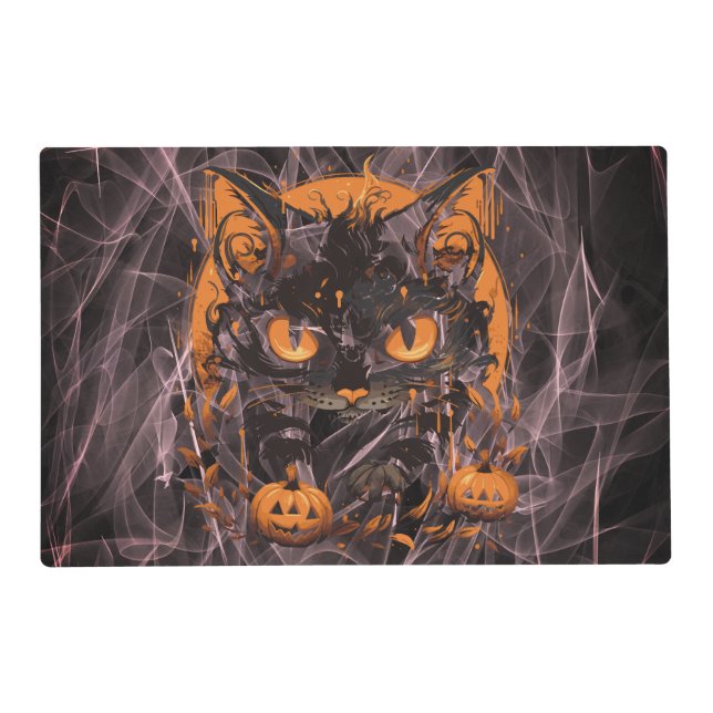 Halloween Black Cat with Pumpkins and Moon Placemat (Front)