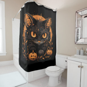 Halloween Black Cat with Pumpkins and Moon Shower Curtain