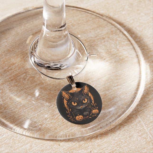 Halloween Black Cat with Pumpkins and Moon Wine Charm (In Situ)