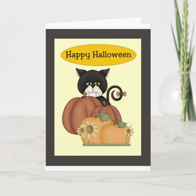 Halloween Black Cat with Pumpkins Card (Front)