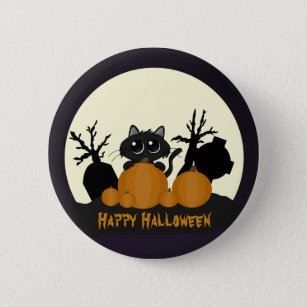 Halloween Black Cat with Pumpkins in a Graveyard Button