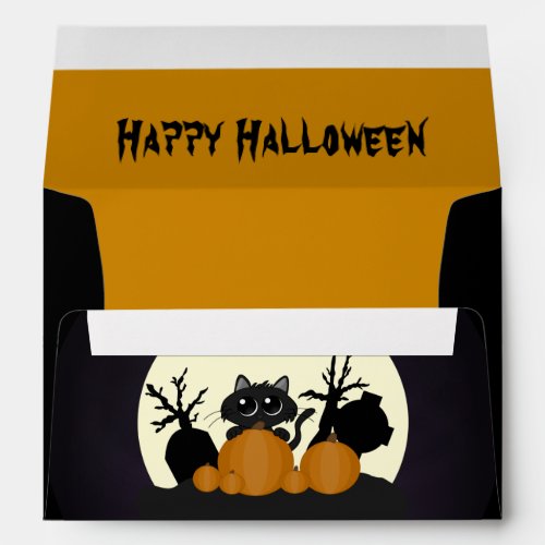 Halloween Black Cat with Pumpkins in a Graveyard Envelope