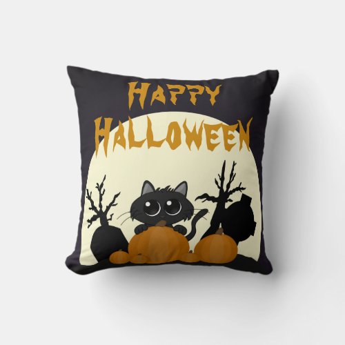 Halloween Black Cat with Pumpkins in a Graveyard Throw Pillow