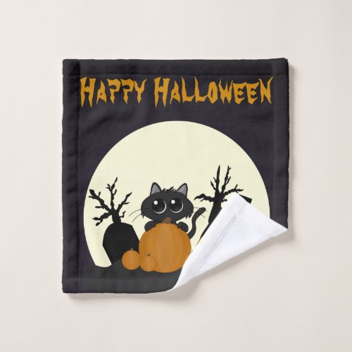 Halloween Black Cat with Pumpkins in a Graveyard Wash Cloth