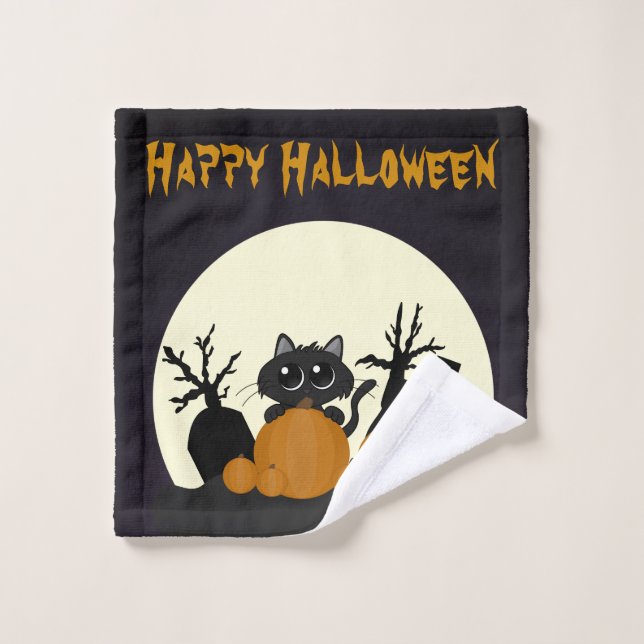 Halloween Black Cat with Pumpkins in a Graveyard Wash Cloth (Wash Cloth)