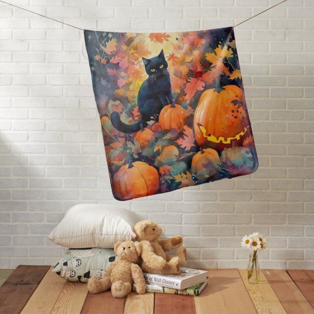 Halloween Black Cat With Pumpkins Scary Baby Blanket (In Situ)