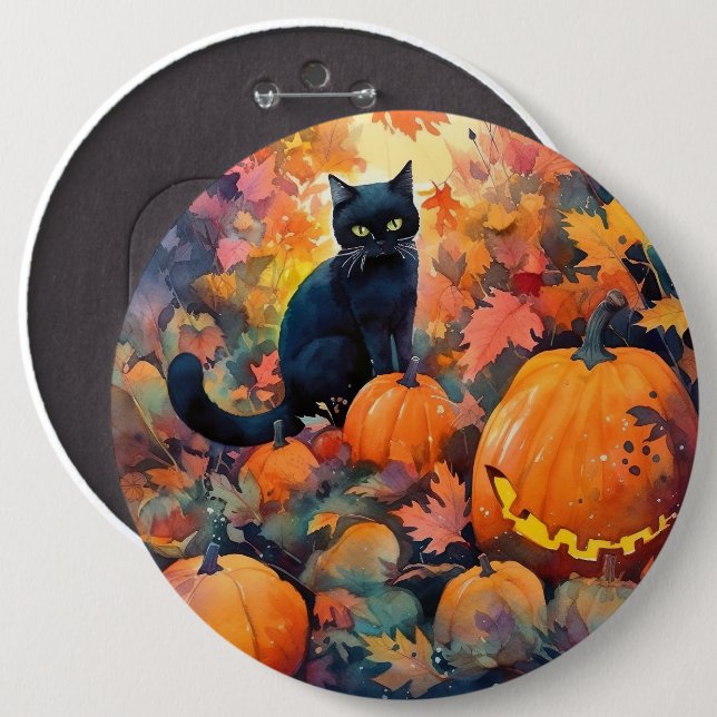 Halloween Black Cat With Pumpkins Scary Button (Front & Back)