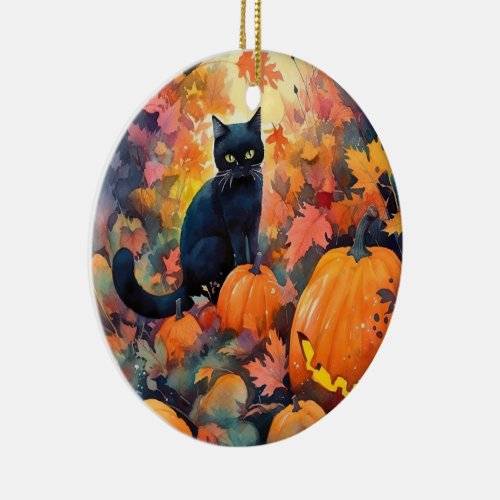 Halloween Black Cat With Pumpkins Scary Ceramic Ornament
