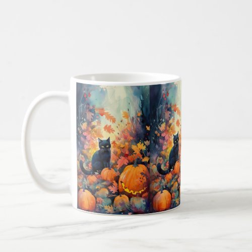 Halloween Black Cat With Pumpkins Scary Coffee Mug