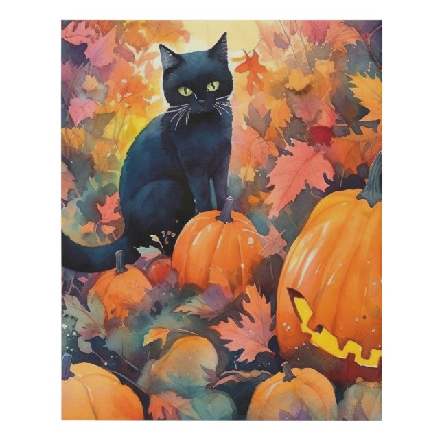 Halloween Black Cat With Pumpkins Scary Faux Canvas Print (Front)