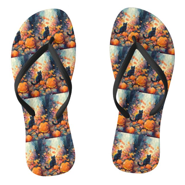 Halloween Black Cat With Pumpkins Scary Flip Flops (Footbed)