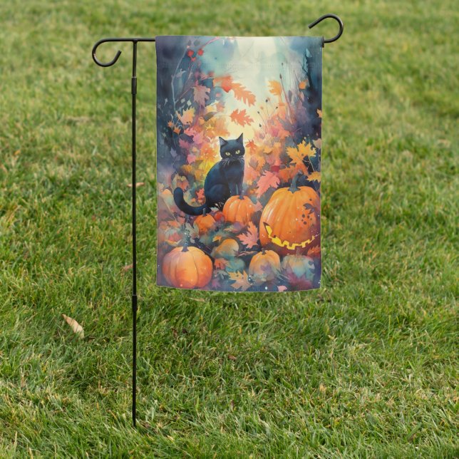 Halloween Black Cat With Pumpkins Scary Garden Flag (In SItu)