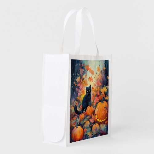 Halloween Black Cat With Pumpkins Scary Grocery Bag