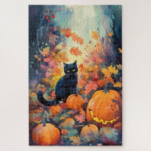 Halloween Black Cat With Pumpkins Scary Jigsaw Puzzle