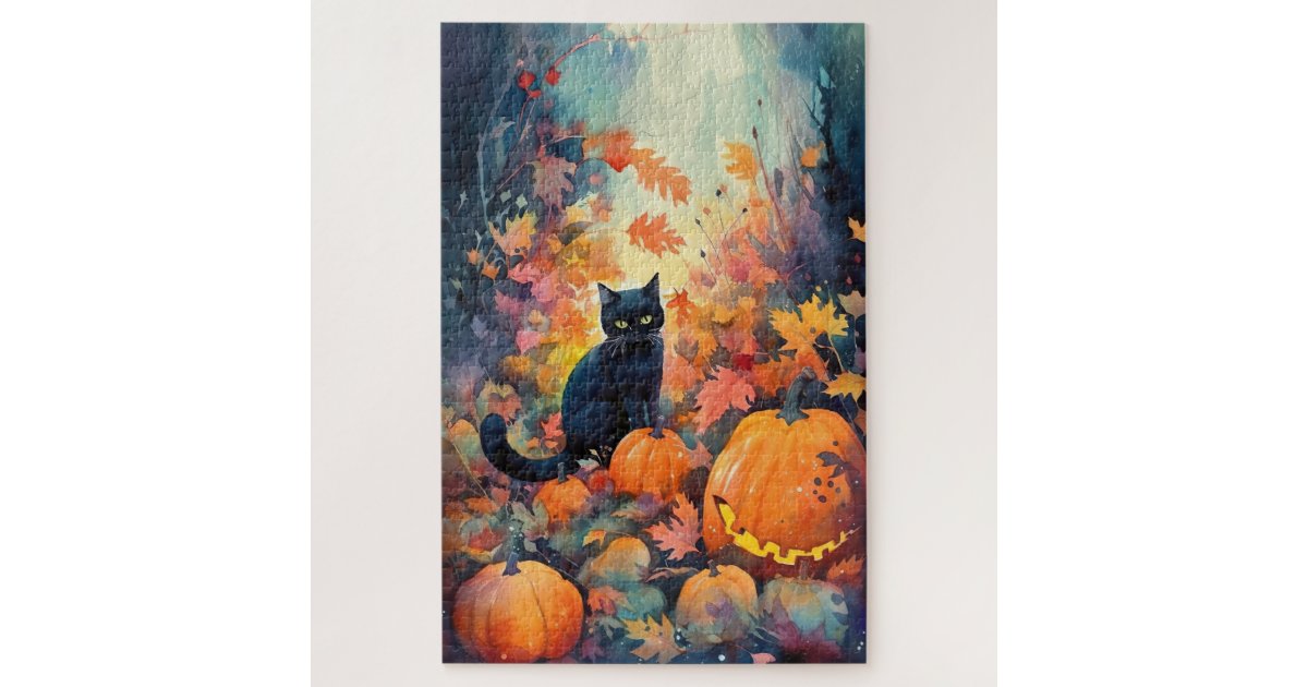 Halloween Black Cat With Pumpkins Scary Jigsaw Puzzle | Zazzle