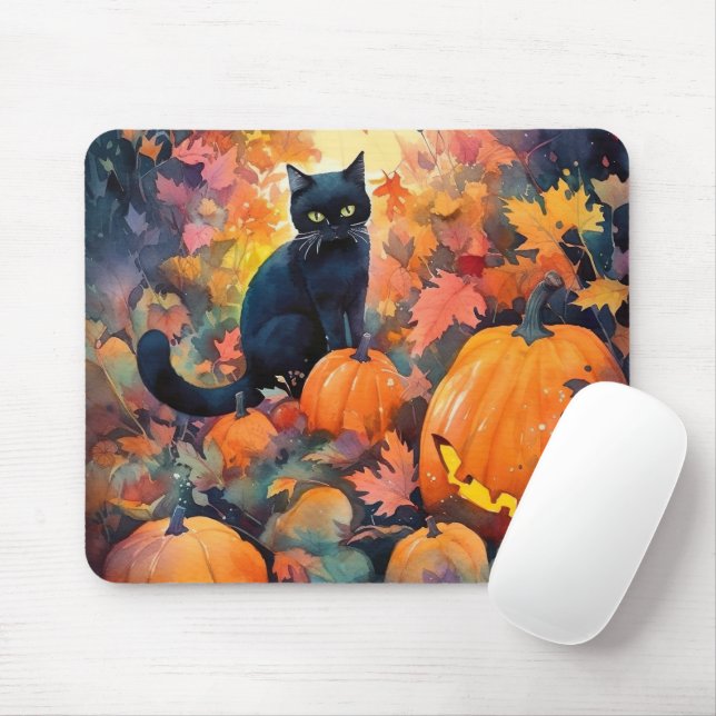 Halloween Black Cat With Pumpkins Scary Mouse Pad (With Mouse)