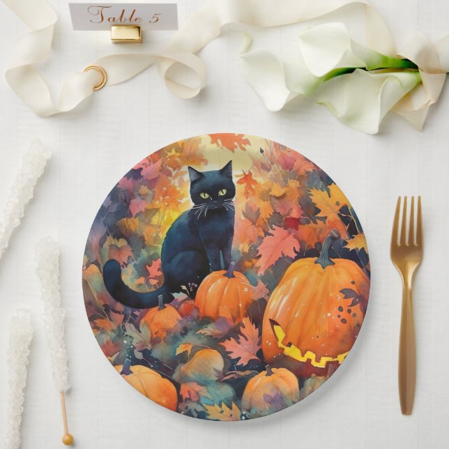 Halloween Black Cat With Pumpkins Scary Paper Plates (Wedding)