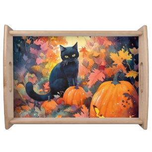 Halloween Black Cat With Pumpkins Scary Serving Tray