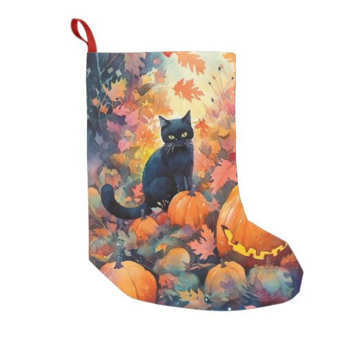 Halloween Black Cat With Pumpkins Scary Small Christmas Stocking