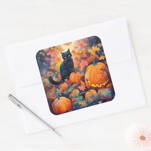 Halloween Black Cat With Pumpkins Scary Square Sticker